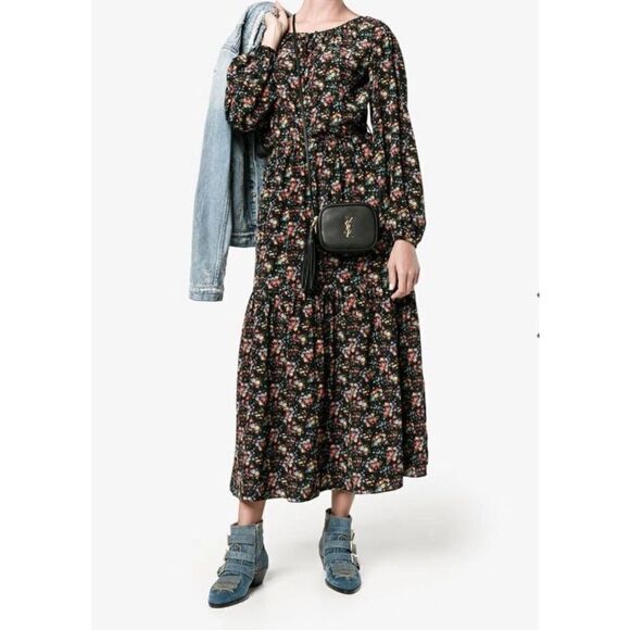 Saint Laurent Bouquet-Print Peasant Midi Dress, Black Pattern Women’s Sz Small S - Picture 2 of 16